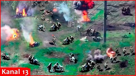 Fields surrounding Andriivka in Sumy littered with Russian casualties and burning motorcycles