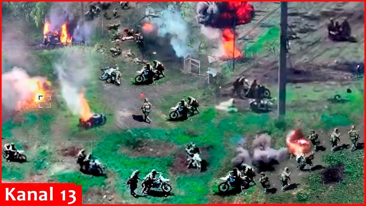 Fields surrounding Andriivka in Sumy littered with Russian casualties and burning motorcycles