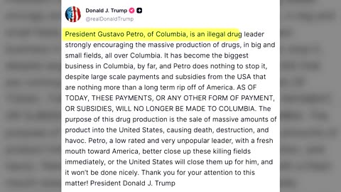 Trump says will hike tariffs on Colombia, drug trade feud escalates