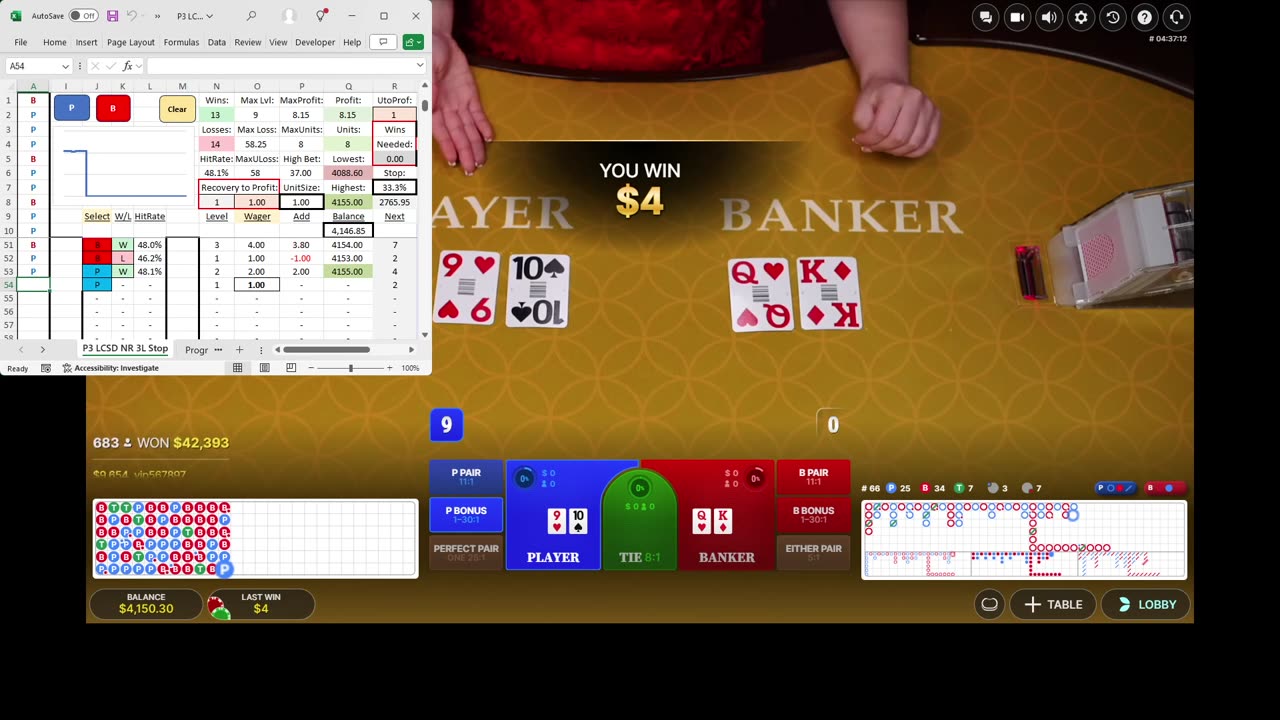 Live Baccarat - 15 units, 29 minutes, 54.1% hit rate and 58 unit drawdown. Betting top 3 rows.