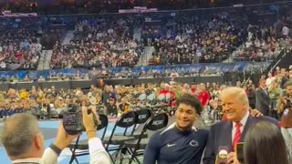 Carter Starocci wins his fifth NCAA D1 Wrestling Championship and shakes hands with President Donald J. Trump