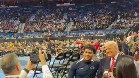 Carter Starocci wins his fifth NCAA D1 Wrestling Championship and shakes hands with President Donald J. Trump