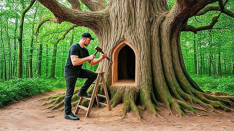 Building Complete and Warm Survival Shelter Inside a Giant Tree - Full Video
