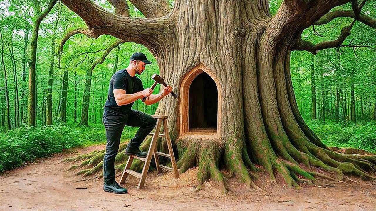 Building Complete and Warm Survival Shelter Inside a Giant Tree - Full Video