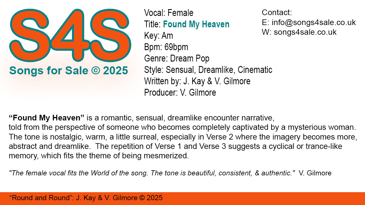 "Found My Heaven" (Key Am) 69bpm (2025) S4S (Songs 4 Sale) for Female Vocal