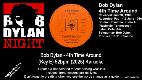 Bob Dylan - 4th Time Around (Key E) 52bpm (2025) Karaoke