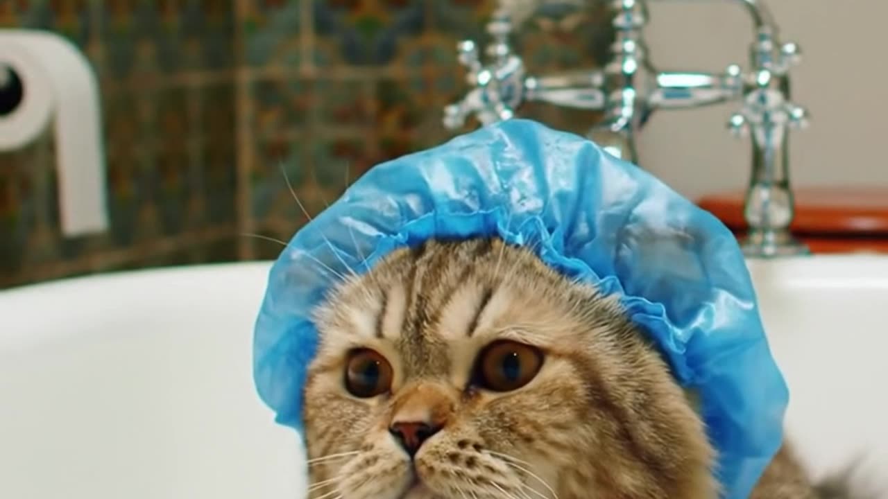 Cat taking a bath with rubber ducks 🛀🏻🦢