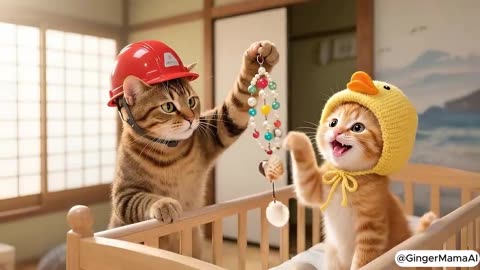 Ginger kitten and Papa Cat work together to build a new cradle
