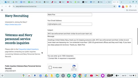 I contacted the United States Navy about NYC law enforcement harassing me.