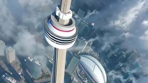Realistic cinematic video of Toronto CN towers is half way in the clouds