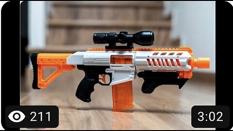 A toy Nerf gun with futuristic design on a wooden surface in a blurred indoor setting. Grok Ai