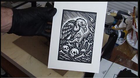 Inking and Printing a Vulture with Skulls and Bones Using an A3 Block Printing Press