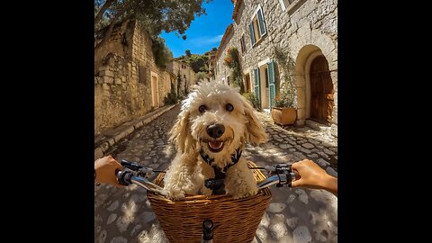 A small dog rides in a bicycle basket through the streets of Italy.