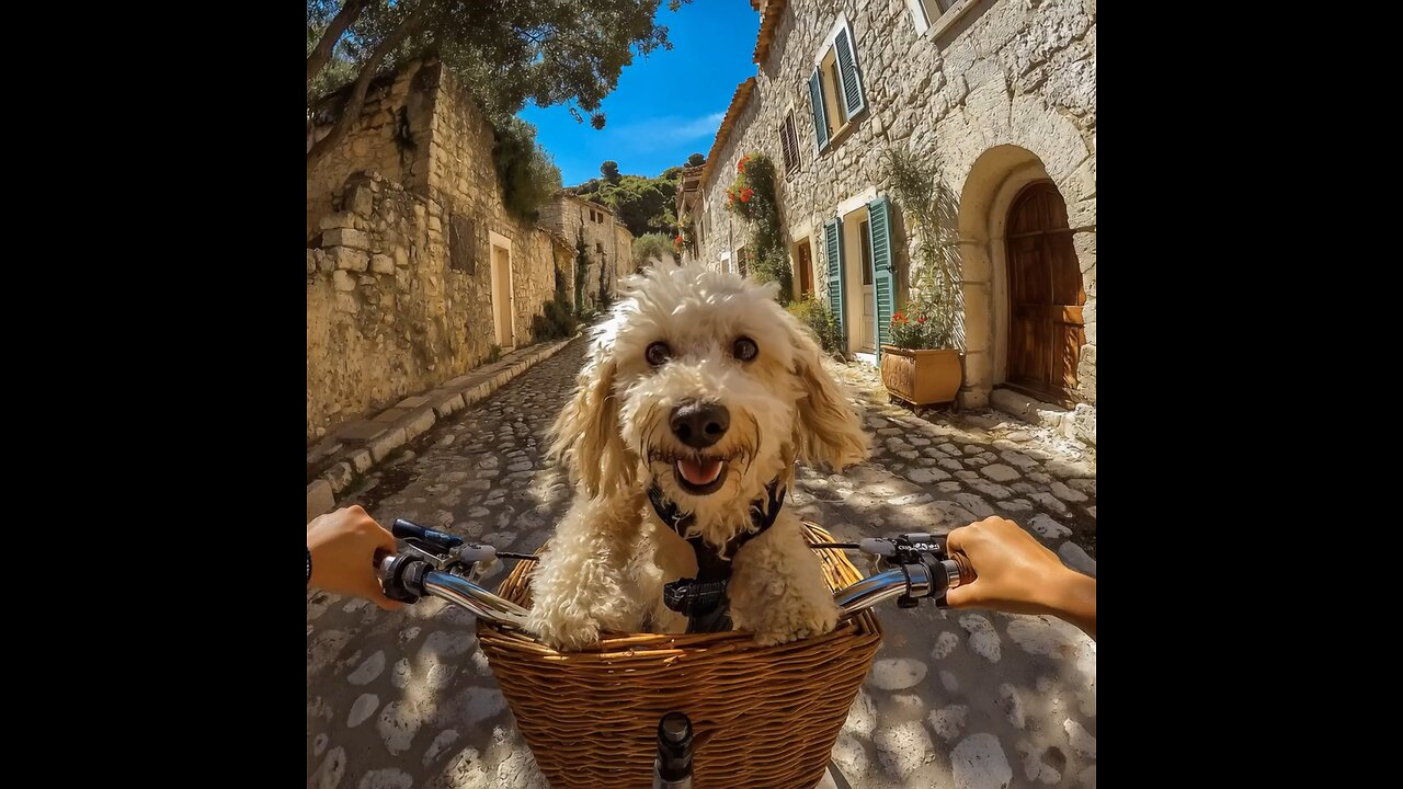 A small dog rides in a bicycle basket through the streets of Italy.
