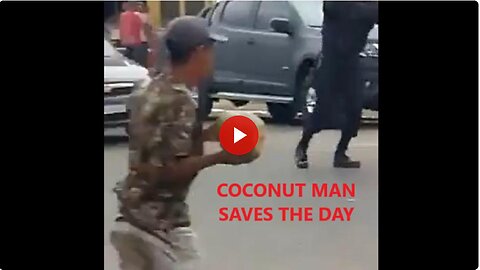 Knife wielding man in fight with cop with a shotgun is taken out by dude with a coconut. Crazy times