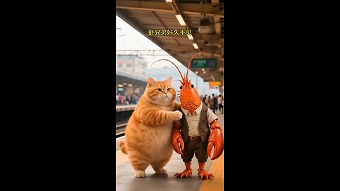 fat orange cat and shrimp friend