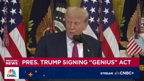 Before signing the GENIUS Act, President Trump gives a speech.