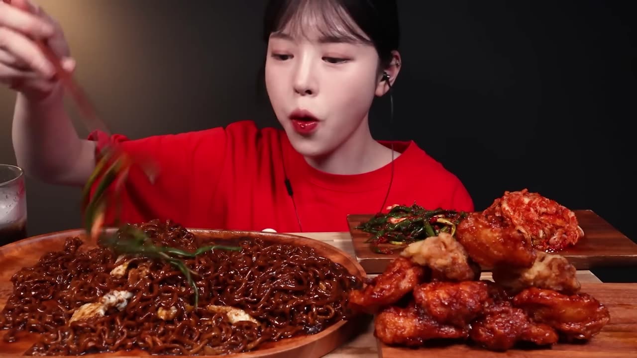 Chapagetti With Fried Eggs and Cheese, Crispy Spicy Fried Chicken Mukbang Asmr