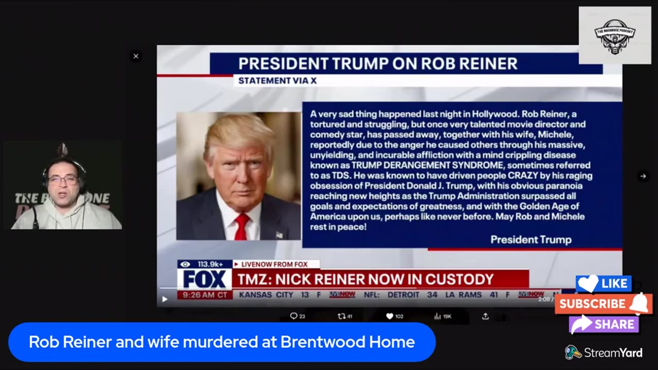 Trump's X statement on the Reiner deaths