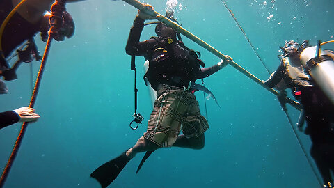 Pull-Ups at the Bottom of the Ocean. Working Out Underwater in Full Dive Equipment. (4K UHD)