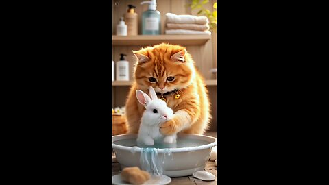 AI Cat Raising a Baby Bunny | Wholesome Virtual Pet Lifestyle