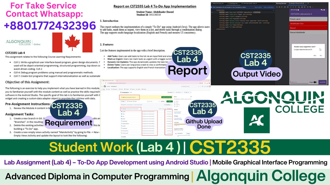 Client Work (Lab) | CST2335 Lab 4 – To-Do App in Android Studio| Algonquin College