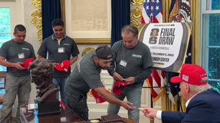 President Donald J. Trump invites the hardworking men renovating the White House to the Oval Office!