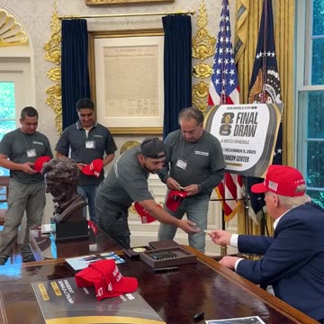President Donald J. Trump invites the hardworking men renovating the White House to the Oval Office!