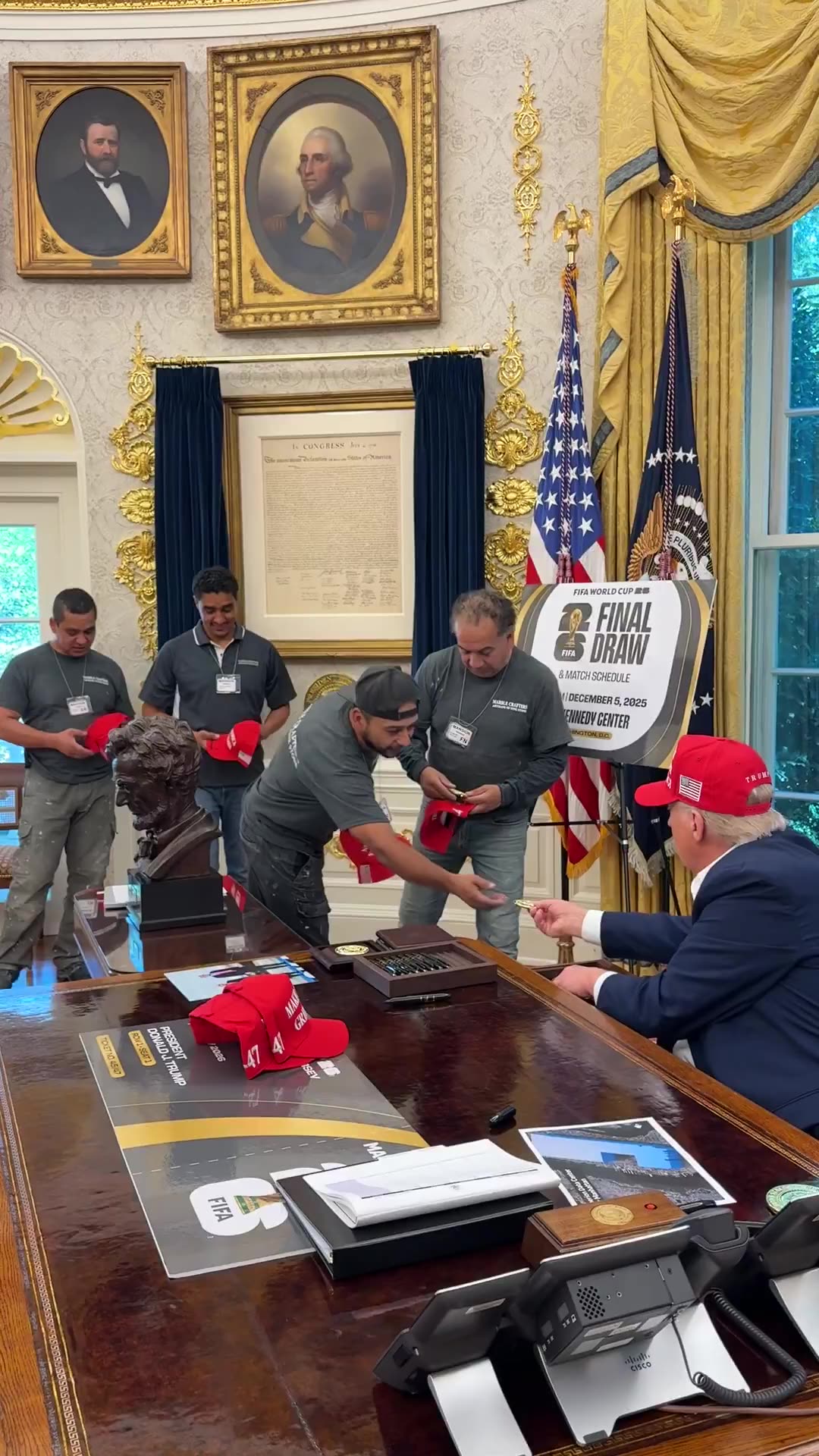 President Donald J. Trump invites the hardworking men renovating the White House to the Oval Office!
