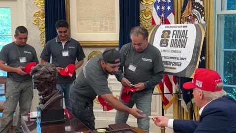 President Donald J. Trump invites the hardworking men renovating the White House to the Oval Office!