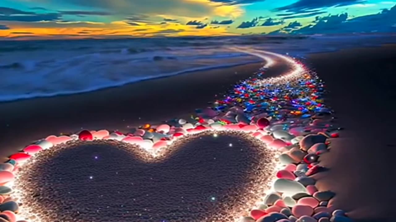 Sunset, heart, stones