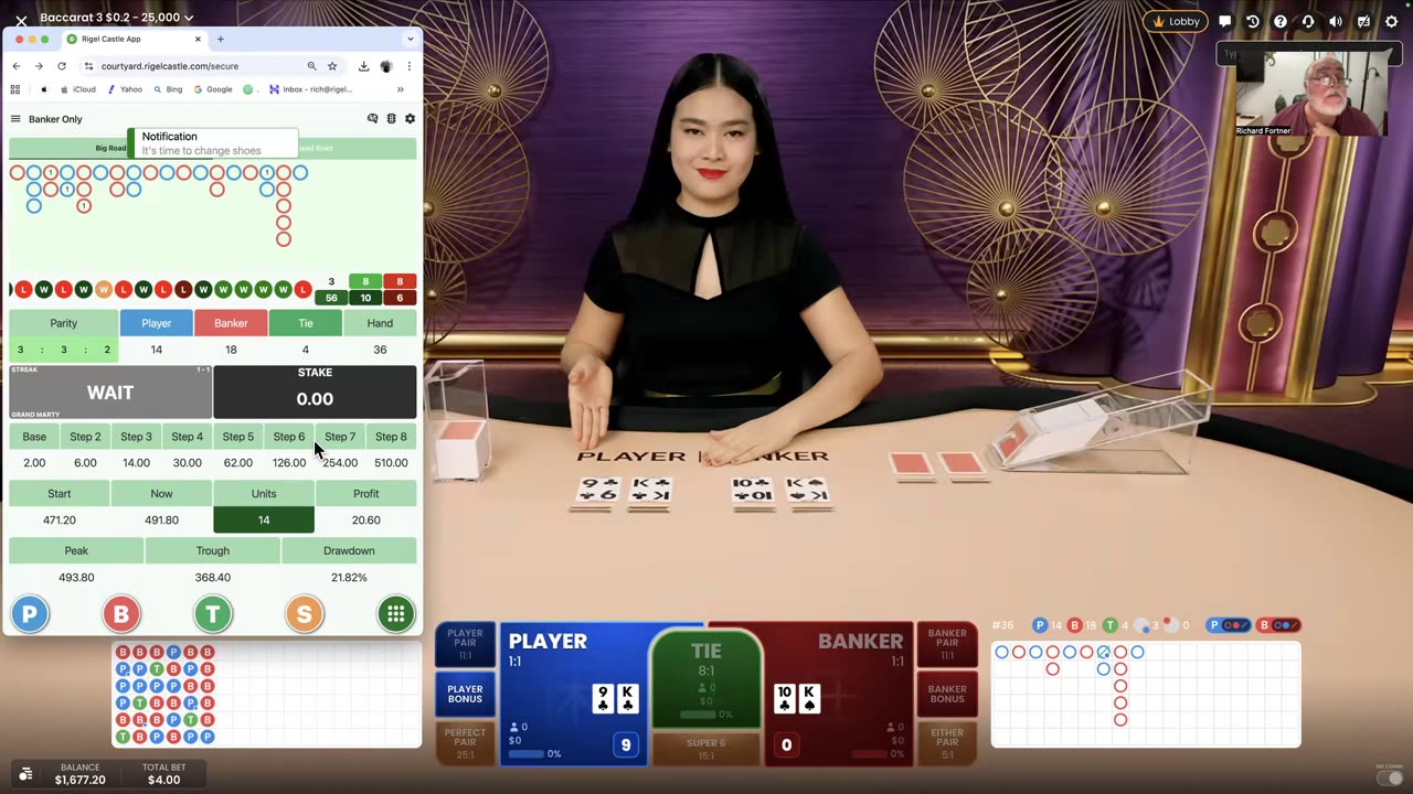 Win Playing Baccarat, Live video using the Banker Only for our members at RigelCastle.com