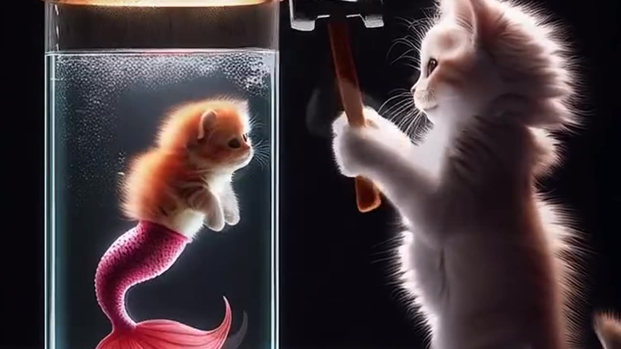 A kitten rescuing a mermaid trapping an aquarium