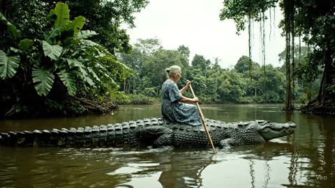 Grandma on a crocodile swimming down the river