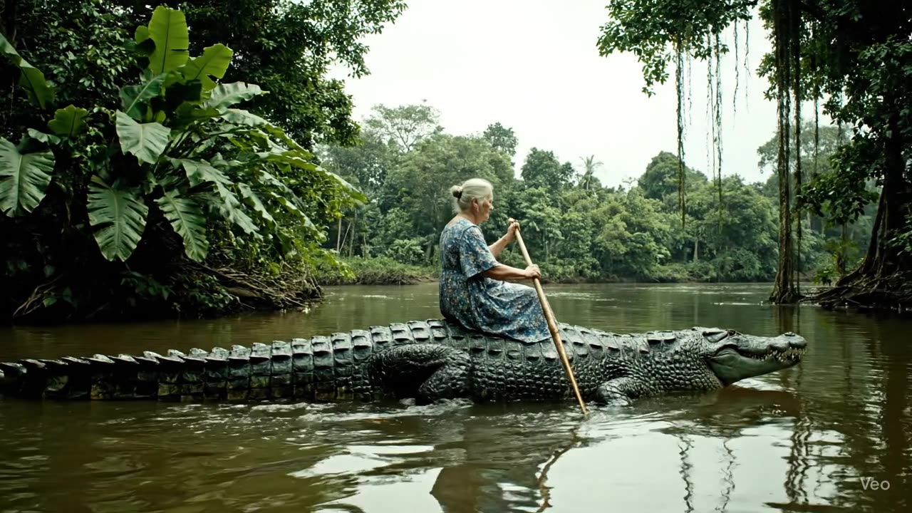 Grandma on a crocodile swimming down the river