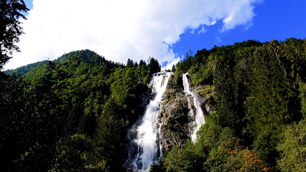 The sound of a valley waterfall that cools the heart. The sound of nature. Black screen.