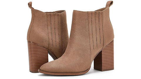 Womens Pointed Toe Slip on Ankle Booties, Stacked Mid Block Heel Shoes, Faux Leather Boots.