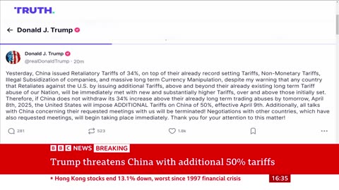 Trump threatens China with additional 50% tariffs | BBC News