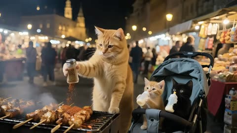 Ginger Cat Mom Sells Skewers at Night Market to Buy Electric Mouse Toys – Kittens Play Happily!