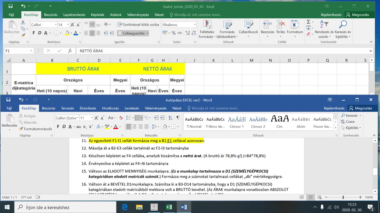 Autópálya Excel megoldása