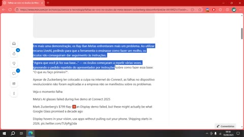 Falhas ao vivo no óculos da Meta deixam Zuckerberg desconfortável