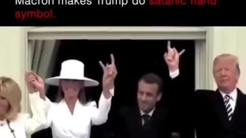 Macron makes Trump do satanic hand symbol.