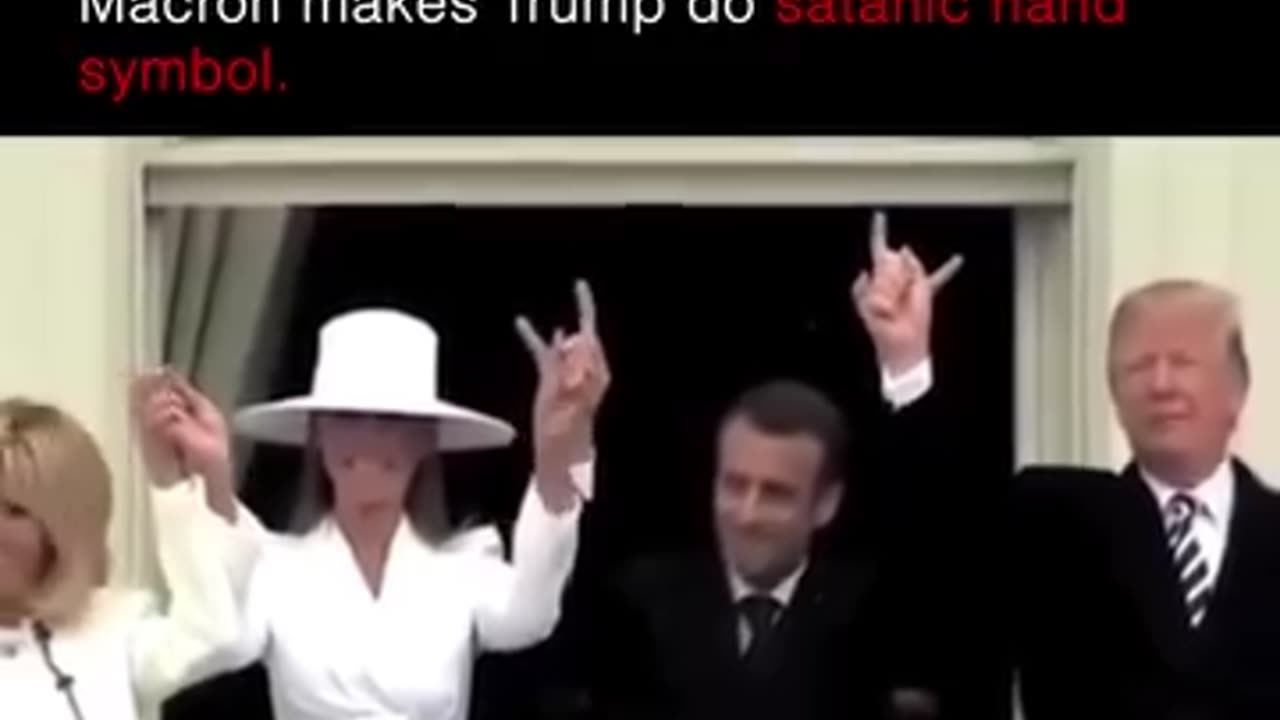 Macron makes Trump do satanic hand symbol.