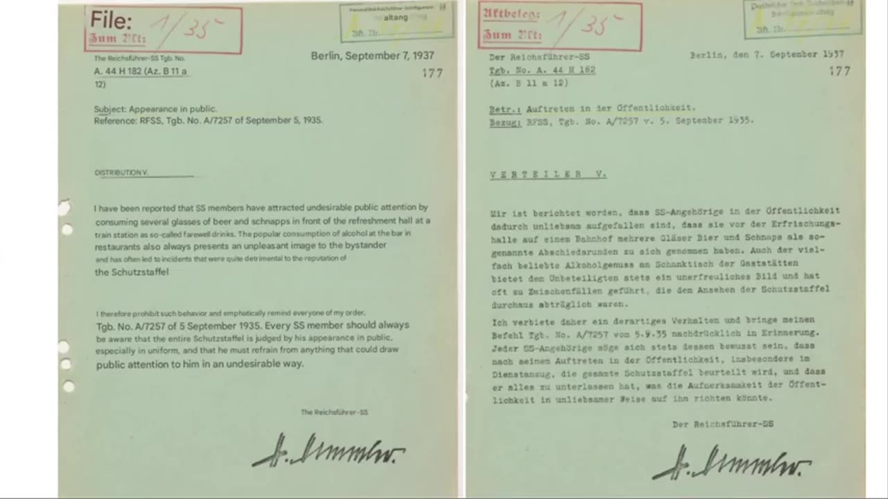 1937 Memo from Himmler to SS - do not drink in public