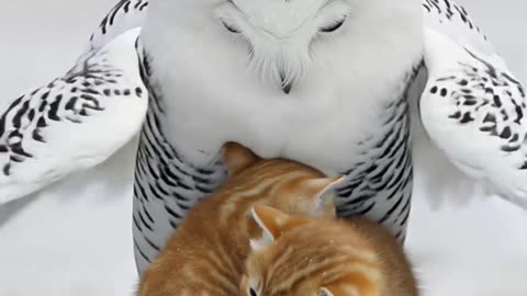 A Snowy Owl Shelters a Freezing Kitten in the Falling Snow