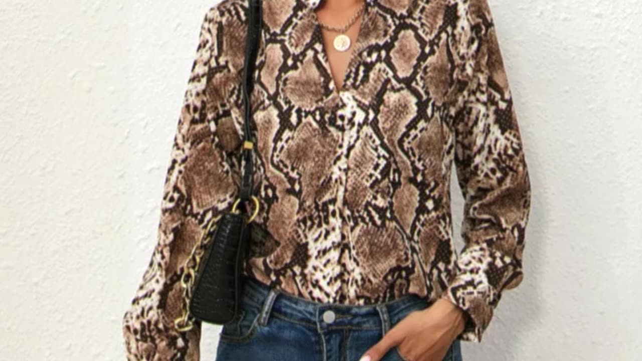 Women’s Casual Chiffon Long Sleeve Blouse Shirts V Neck Printed Tunic Tops