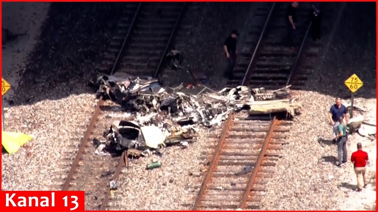 Aerial video shows debris on railroad tracks at plane crash scene in Boca Raton, Florida