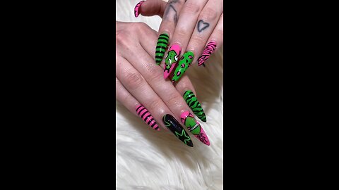 Green & Pink Cartoon Nail Art Design | Easy Colorful Nails Tutorial of Viral Nails Art