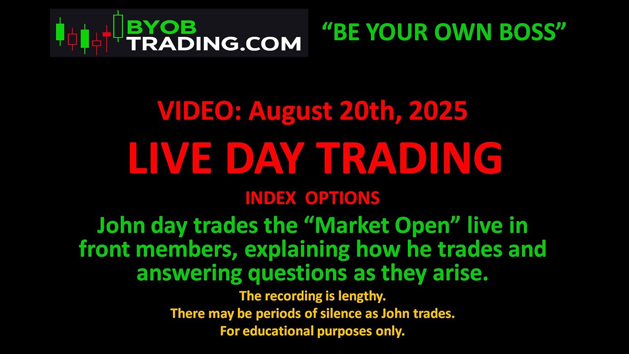 August 20th, 2025 BYOB John Trades the Market open Live. Video. For educational purposes only.