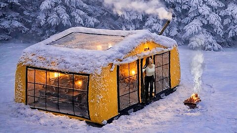 🌨 WINTER CAMPING IN A 60kg TENT SWAYING IN A STRONG SNOWSTORM lWoodstove ASMR